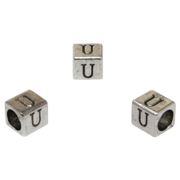 Silver Plated Alloy Alphabet 6x6x7mm Cube Beads - U