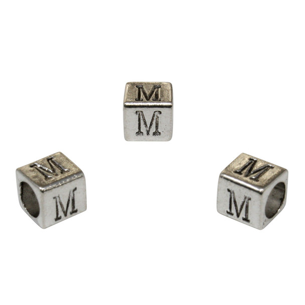 Silver Plated Alloy Alphabet 6x6x7mm Cube Beads - M