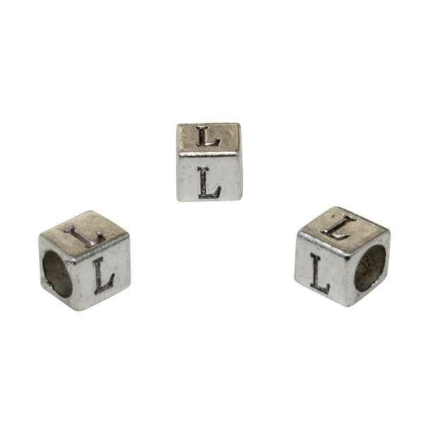 Silver Plated Alloy Alphabet 6x6x7mm Cube Beads - L