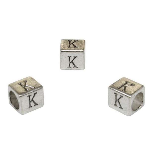 Silver Plated Alloy Alphabet 6x6x7mm Cube Beads - K