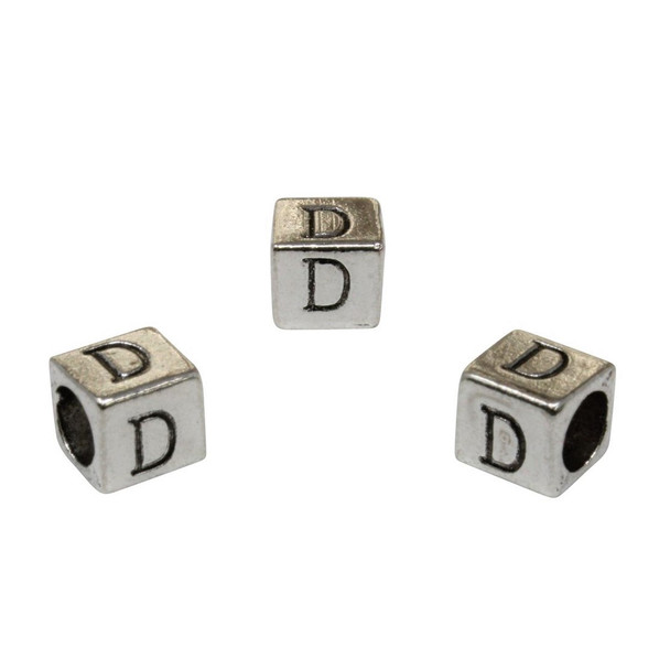 Silver Plated Alloy Alphabet 6x6x7mm Cube Beads - D