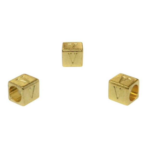 Gold Plated Alloy Alphabet 6x6x7mm Cube Beads - V