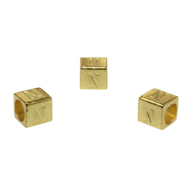 Gold Plated Alloy Alphabet 6x6x7mm Cube Beads - N