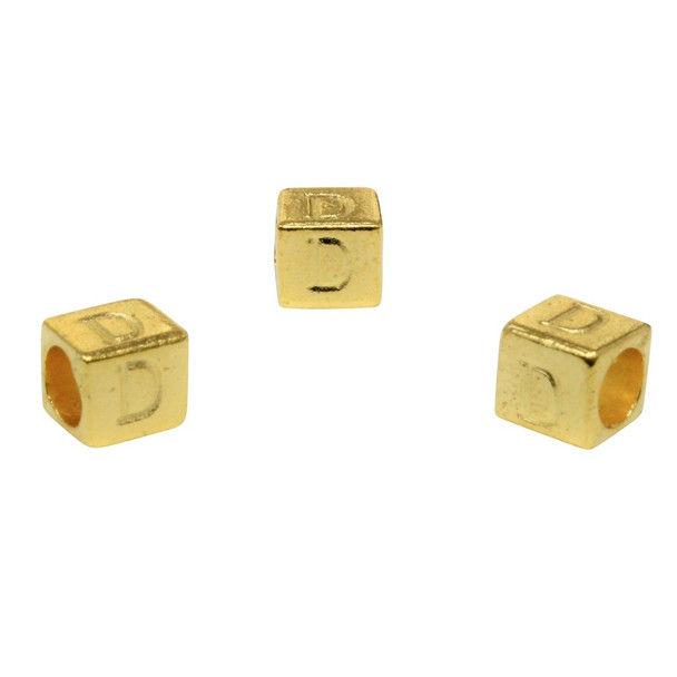 Gold Plated Alloy Alphabet 6x6x7mm Cube Beads - D