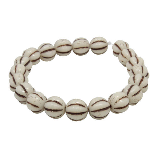Czech Glass 8mm Melon Beads - White Brown Finish