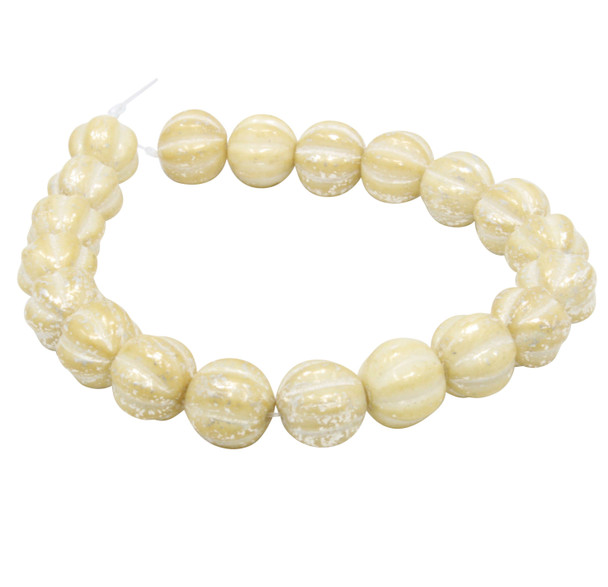 Czech Glass 8mm Melon Beads - Yellow Ivory Mercury Finish