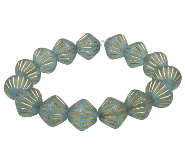 Czech Glass 11mm Tribal Bicone Beads - Sky Blue with Gold Wash