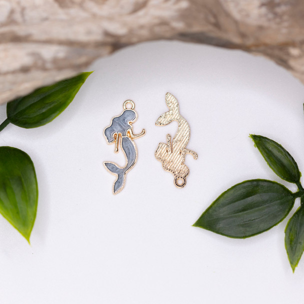 Gold Plated Enamel 28x13mm Blue Mermaid Charm