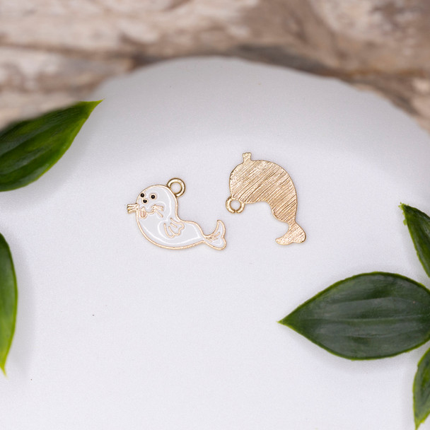 Gold Plated Enamel 20x13mm White Baby Seal Charm