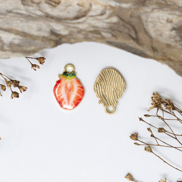Gold Plated Enamel 15x12mm Strawberry Slice Charm
