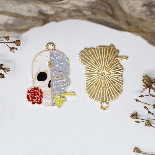 Gold Plated Enamel 17x30mm Skull-Rose Charm