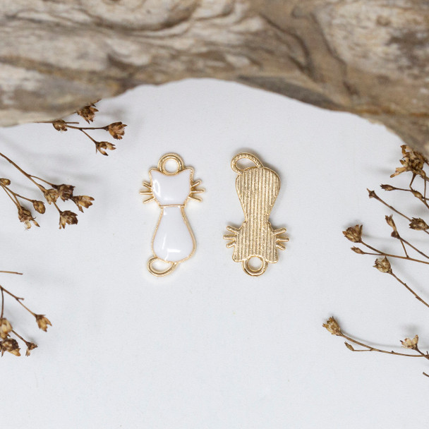 Gold Plated Enamel 11x20mm White Cat Charm