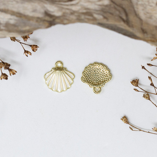 Gold Plated Enamel 12mm White Scallop Shell Charm