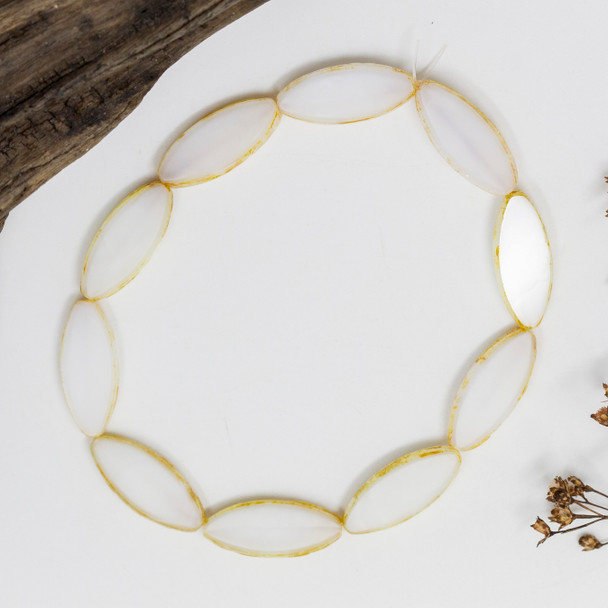 Czech Glass 20x9mm Pointed Oval Spindle Beads - White Silk Picasso