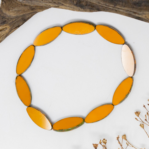 Czech Glass 20x9mm Pointed Oval Spindle Beads - Orange Mustard Picasso