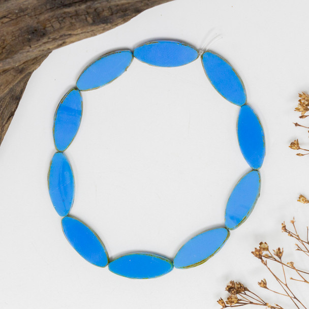 Czech Glass 20x9mm Pointed Oval Spindle Beads - Azure Blue Opaque Picasso