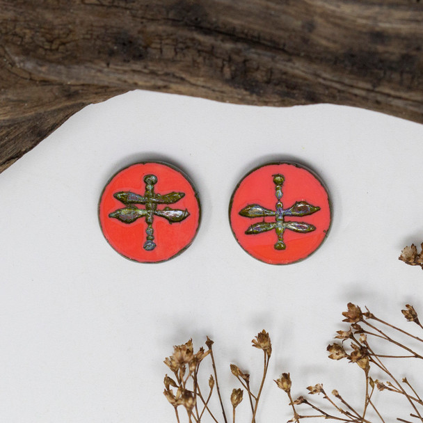 Czech Glass 18mm Dragonfly Coin Table Cut - Opaque Red Coral Picasso Finish