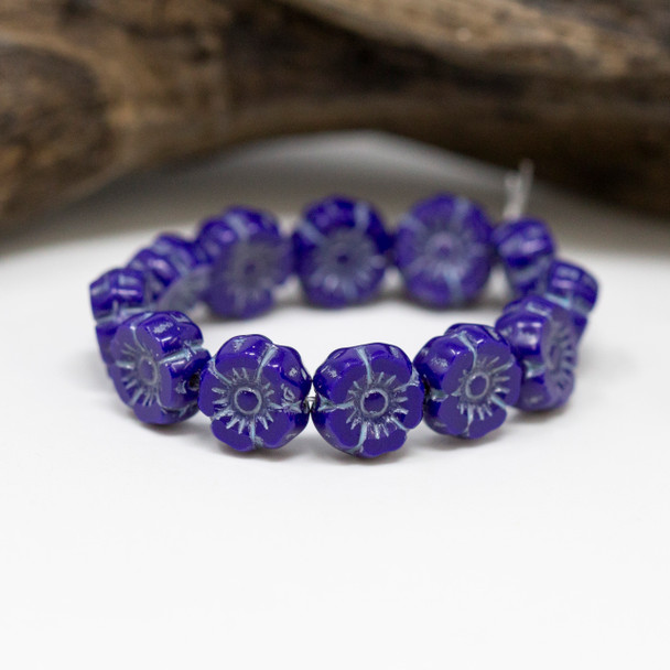 Czech Glass 7mm Hibiscus Flower Beads - Blue Lapis Opaque Light Blue Wash