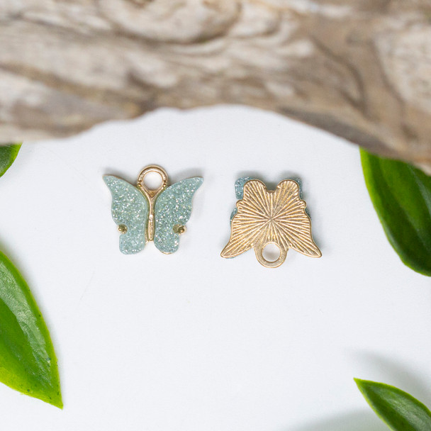 Gold Plated Enamel 12mm Blue Glitter Butterfly Charm