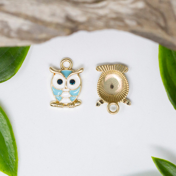 Gold Plated Micro Pave Enamel 11x16mm Blue and White Owl Charm