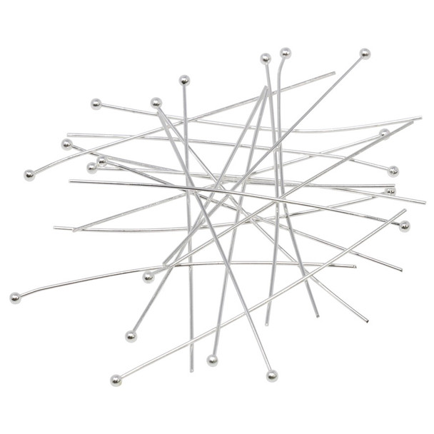 Silver Plated 50mm Long 24 Gauge Ball End Head Pins - 20 Pieces
