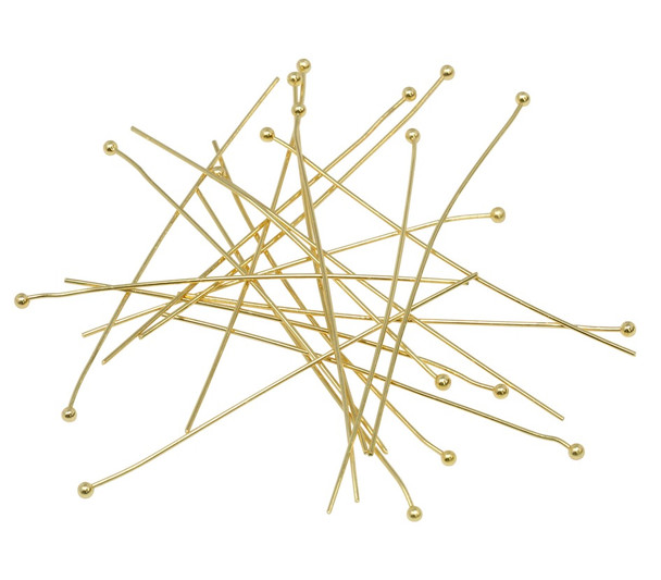 18K Gold Plated 50mm Long 24 Gauge Ball End Head Pins - 20 Pieces