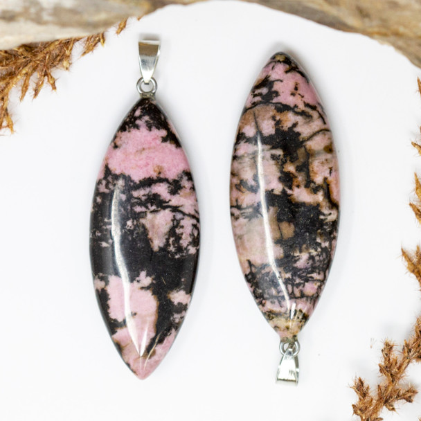 Rhodonite Black Veined Polished 20x53mm Horse Eye Pendant