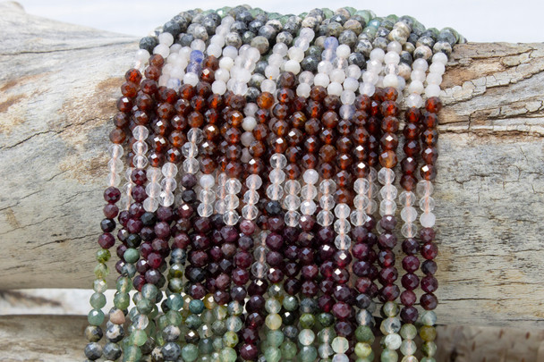 Mixed Gemstones Banded Polished 3.5-4mm Faceted Round - Rose Quartz, Garnet, Prehnite, Black Veined Rhodonite