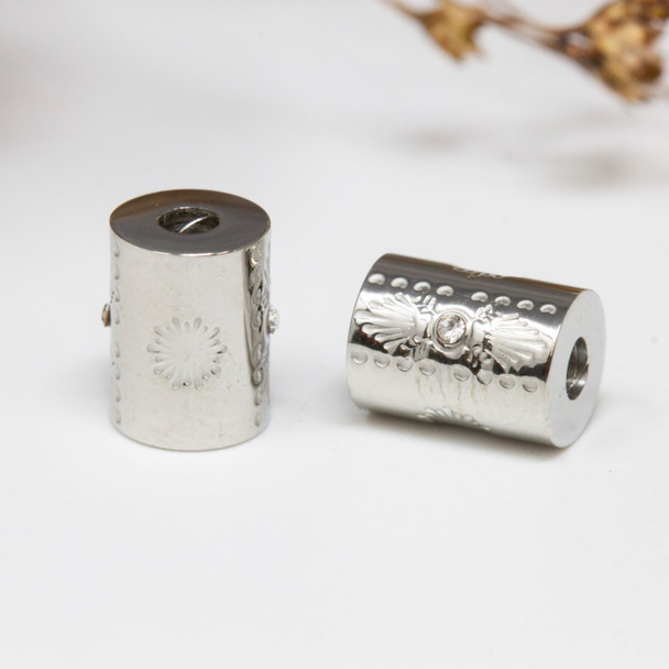 Silver Plated Stainless Steel Micro Pave 8x6mm Leaf Column Bead