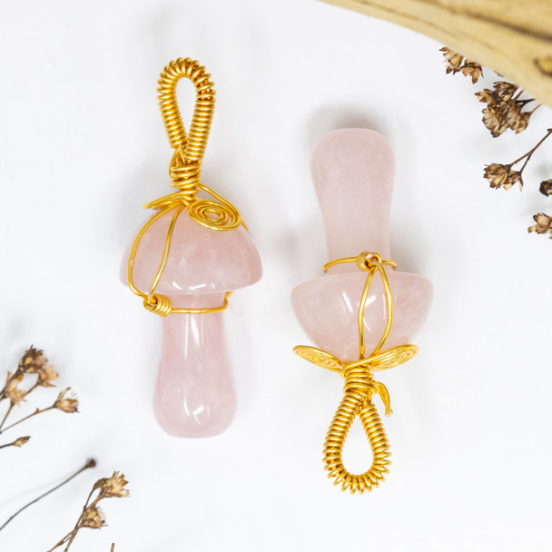 Rose Quartz Polished 45x18mm Wire Wrapped Mushroom Pendant