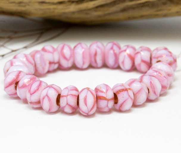 Czech Glass 6x9mm Roller Rondelle Beads - Light & Dark Pink Copper Lined