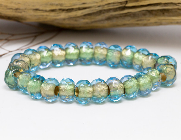 Czech Glass 6x9mm Roller Rondelle Beads - Teal Blue Gold Lined