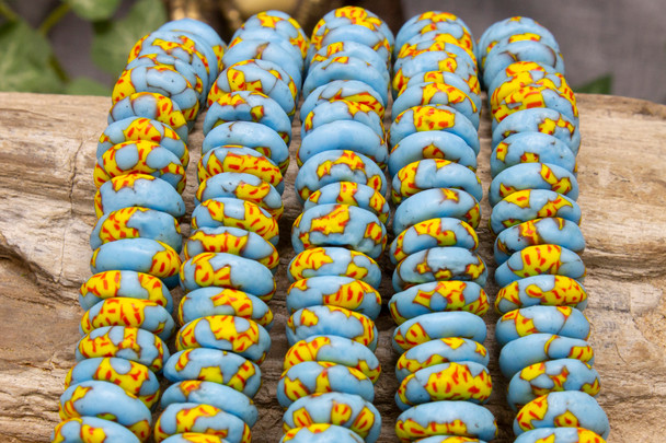 Fused Recycled Glass 14mm Rondelle - Blue / Yellow / Red