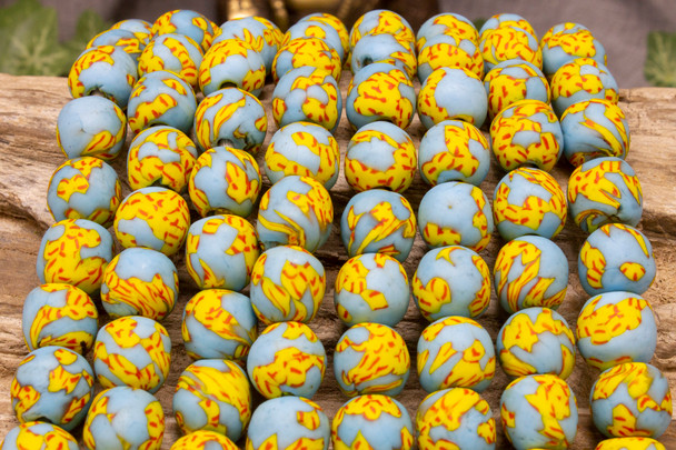 Fused Recycled Glass 13-14mm Round - Blue / Yellow / Red