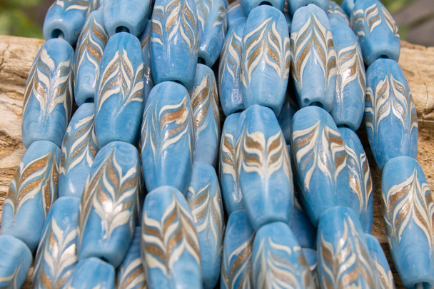 Venetian Chevron Glass Hand Painted 12x30mm Faceted Rice - Sky Blue