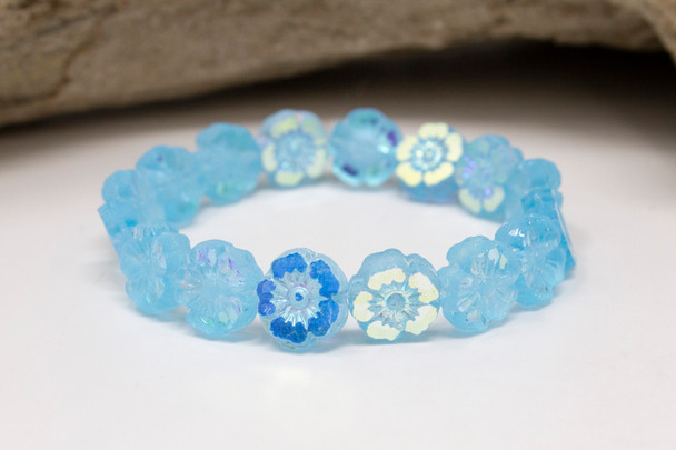 Czech Glass 9mm Hibiscus Flower Beads - Baby Blue with Etched AB Finishes