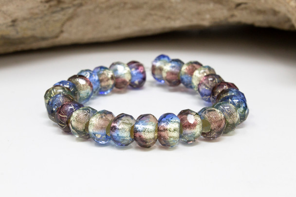 Czech Glass 6x9mm Roller Rondel Beads Large Hole - Blue / Pale Yellow / Purple Mix - Silver Lined
