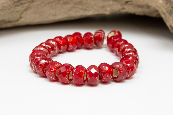 Czech Glass 6x9mm Roller Rondelle Beads - Scarlet Red - Silver Lined