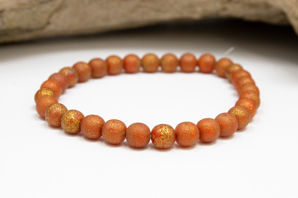 Czech Glass 6mm  Round -- Red / Rust Etched Finish Gold Wash