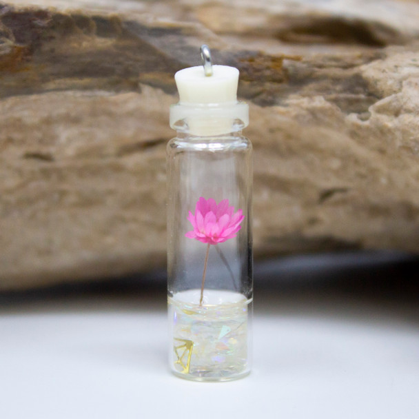 Resin 37x11mm Glass Bottle with Dried Flower White / Pink Pendant