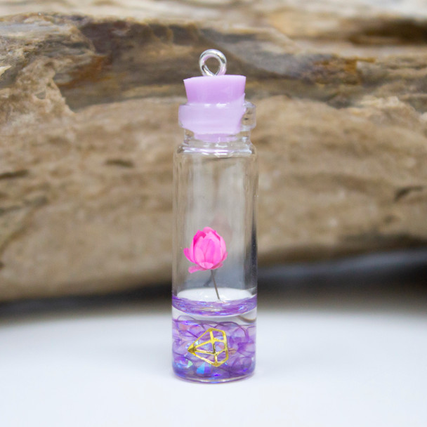 Resin 37x11mm Glass Bottle with Dried Flower Purple / Pink Pendant