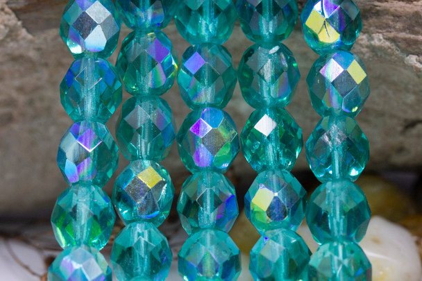 Fire Polish 8mm Faceted Round - Light Teal AB