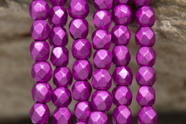 Fire Polish 3mm Faceted Round - Saturated Metallic Pink Yarrow