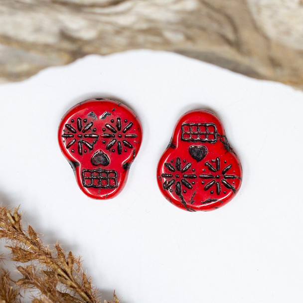 Czech Glass 20x17mm Sugar Skull Coin - Deep Red Opaque With Black Wash