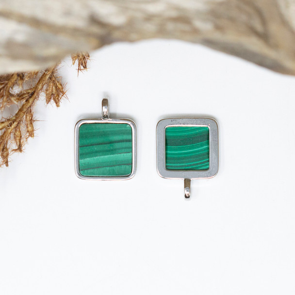 Malachite Polished Silver Plated 12mm Flat Square Pendant