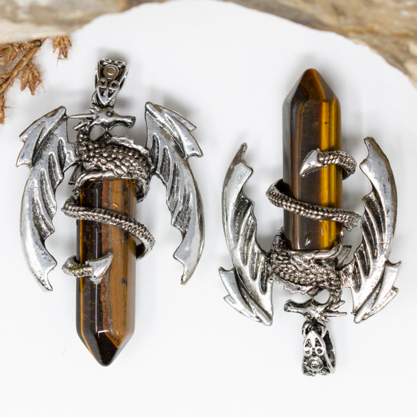 Tiger Eye Polished Silver Plated 34x50mm Hexagonal Prism Dragon Pendant