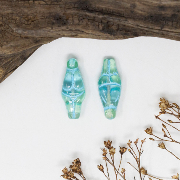 Czech Glass 25x10mm Goddess - Light Green and Sapphire Core Vaseline Glass Transparent Mix with Turquoise Wash