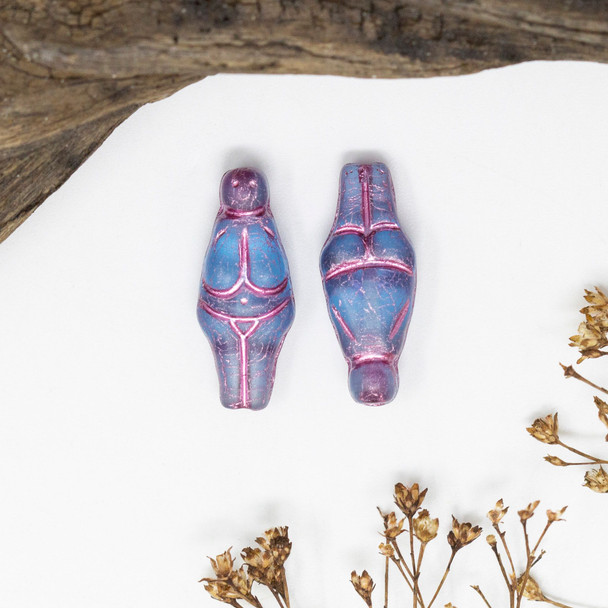 Czech Glass 25x10mm Goddess - Sapphire Blue Transparent Matte with Pink Wash