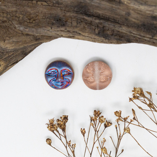Czech Glass 13mm Moon Face Bead - Pink Transparent Matte with Aurora Borealis Half Coat Finish