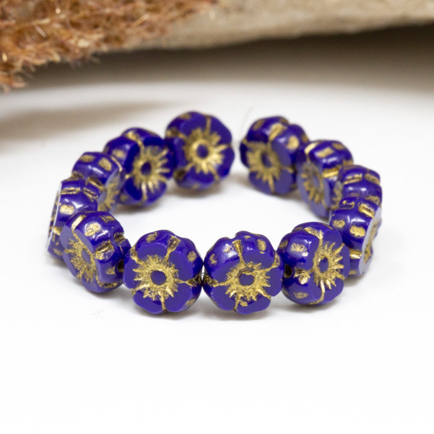 Czech Glass 7mm Hibiscus Flower Beads - Opaque Blue Lapis with Gold Wash